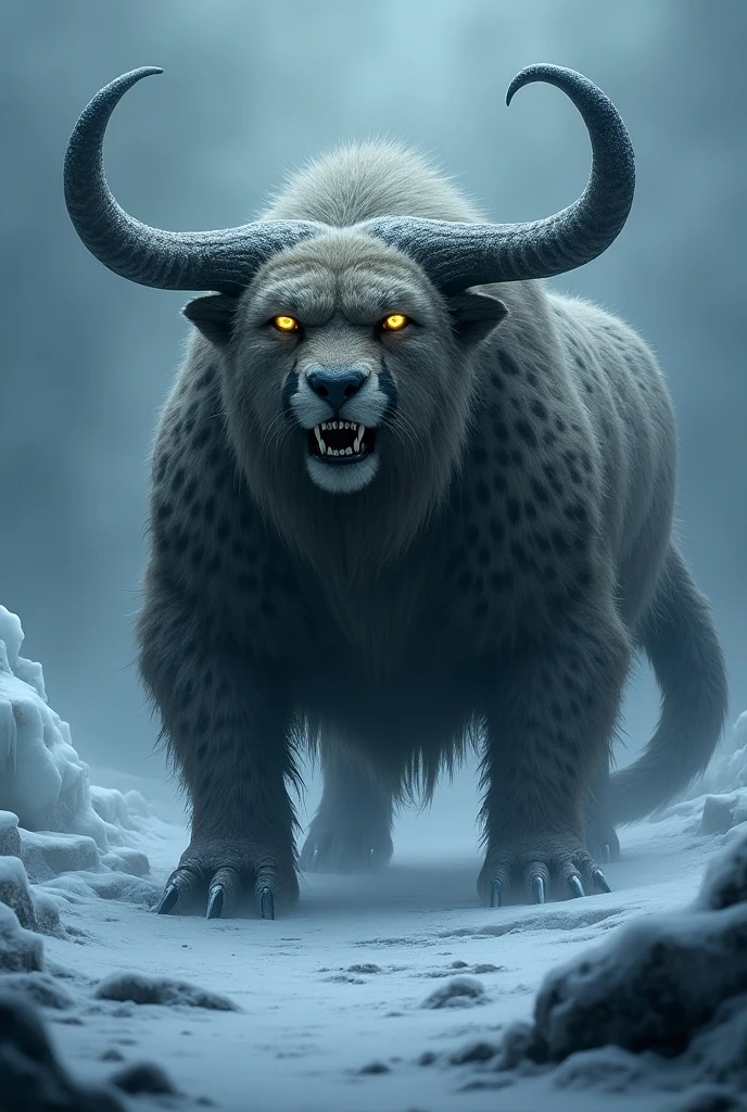 (dangerous giant hybrid creature), monstrous white tiger and bull, (horrific and intimidating design), dark and eerie background with shadowy trees, mist creeping in, chiaroscuro lighting emphasizing the creature’s menacing features, vivid contrasts of white fur and dark tones, (ultra-detailed), a sense of tension and fear in the atmosphere, foreboding energy, cinematic style.
