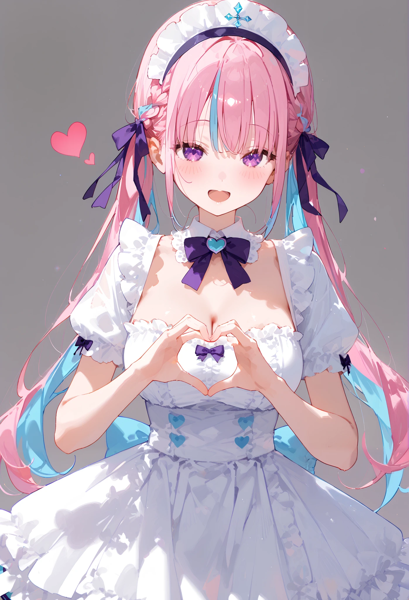 a anime anime cute cartoon girl with long blonde hair and ponytail, 1girl, heart, virtual youtuber, minato aqua, solo, heart hands,pink hair, multicolored hair, breasts, long hair, twintails, colored inner hair, maid headdress, blue hair, ribbon, blush, open mouth, bangs, dress, cleavage, bow, two-tone hair, purple eyes, hair ribbon, braid, short sleeves, looking at viewer