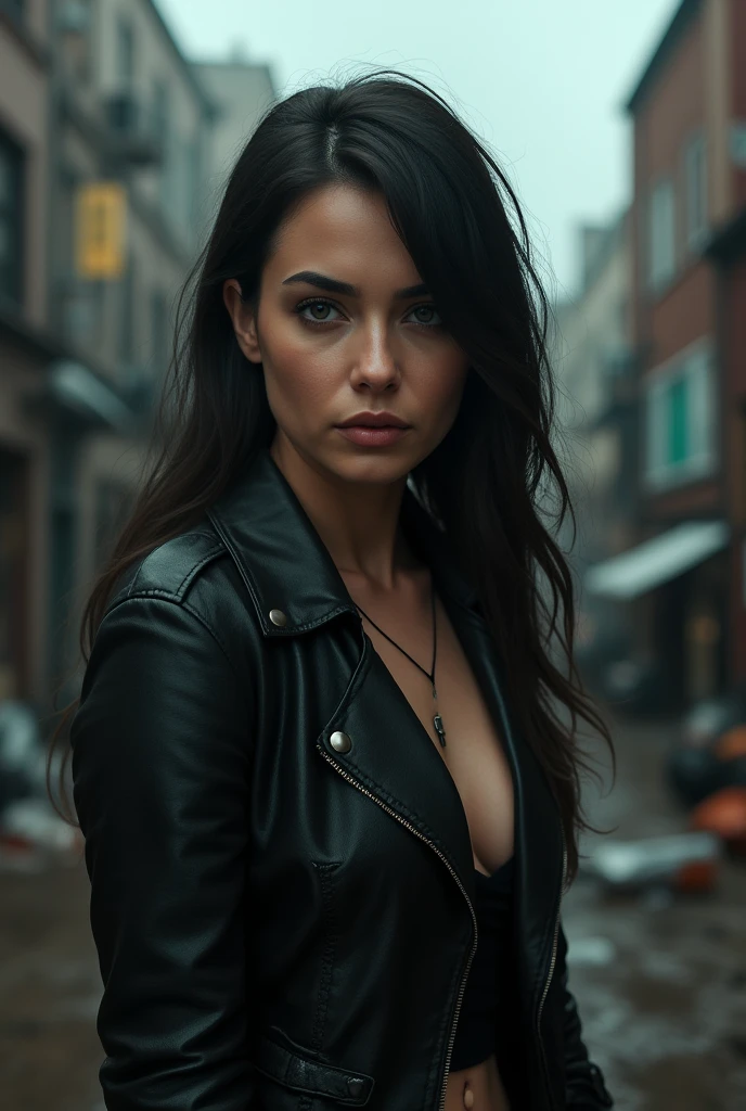 troian bellisario, Bastardcore, in a dystopian city , portrait