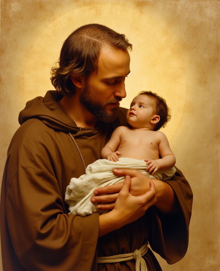 Catholic painting. Religious. A warm and magical painterly depiction of St. Francis of Assisi holding New born Jesus in his arms. St. Francis of Assisi, the top of his head shaved and sports a scruffy beard. He is dressed in a simple brown tunic and a white rope cord tied around his waist. His facial expression is peaceful and loving. The background is simple, with soft brushstrokes in warm gold and earthy tones, with a slightly textured artistic touch reminiscent of classic religious paintings. The scene captures the tender connection between the saint and the with a focus on a painterly and artisanal aesthetic.