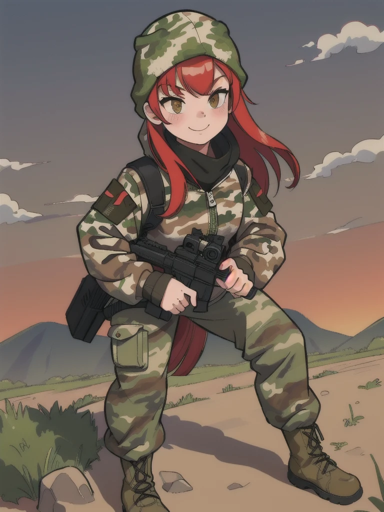 girl with smile and red hair, with a camouflage jacket, camouflage balaclava, camouflage pants and army boots, In the evening he walks through the village