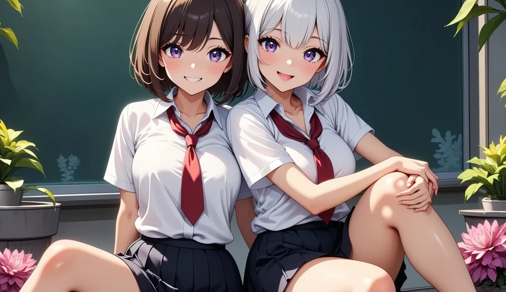 (cute eyes:1.2), (sparkling eyes:1.2), (8K、Best image quality、highest quality、masterpiece)、Detailed face、(2 girls)、Improve、(white hair, pink eyes, short hair, straight hair, nekomimi)、(open mouth), (embarrassed), (skinny body:1.3),(small breasts), (off shoulder japanese ninja:1.2), (cleavage), (crop top navel), Sit on a chair, Classroom Background, (black stockings:1.1), (Thighs:1.1), (Waistline:1.1),(close-up shot of bust), (from above:1.2)