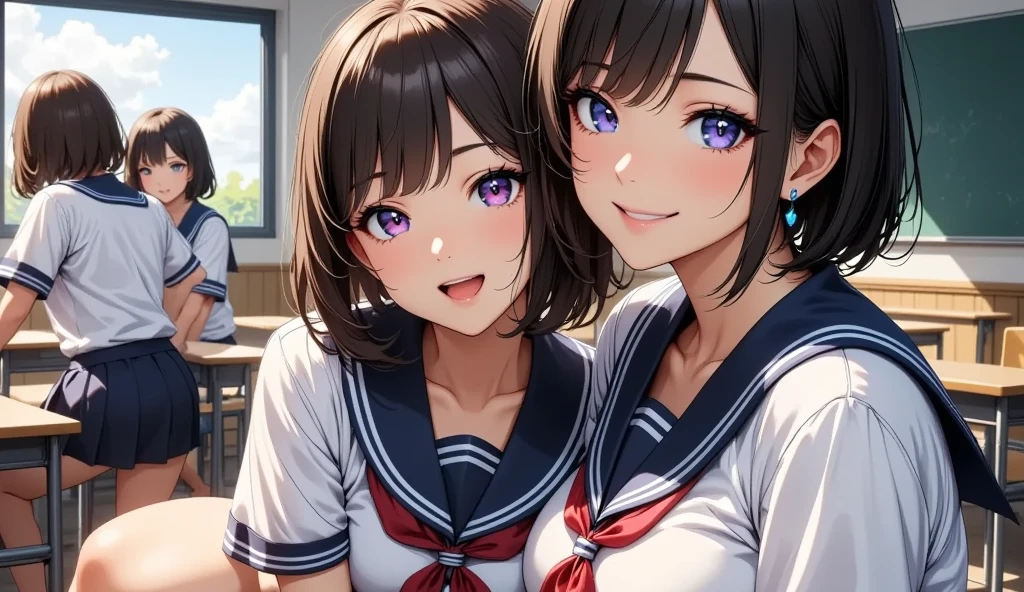 two girls , high definition , masterpiece, Anatomically Accurate , best quality, several people having fun with each other while having very detailed , textured skin , detail eyes sitting on a coral reef,Light purple eyes, Embrace each other, white uniform, black skirt , red ribbon, look realistically , smile, blackboard , shorthair , Bob Hair,medium breast, classroom