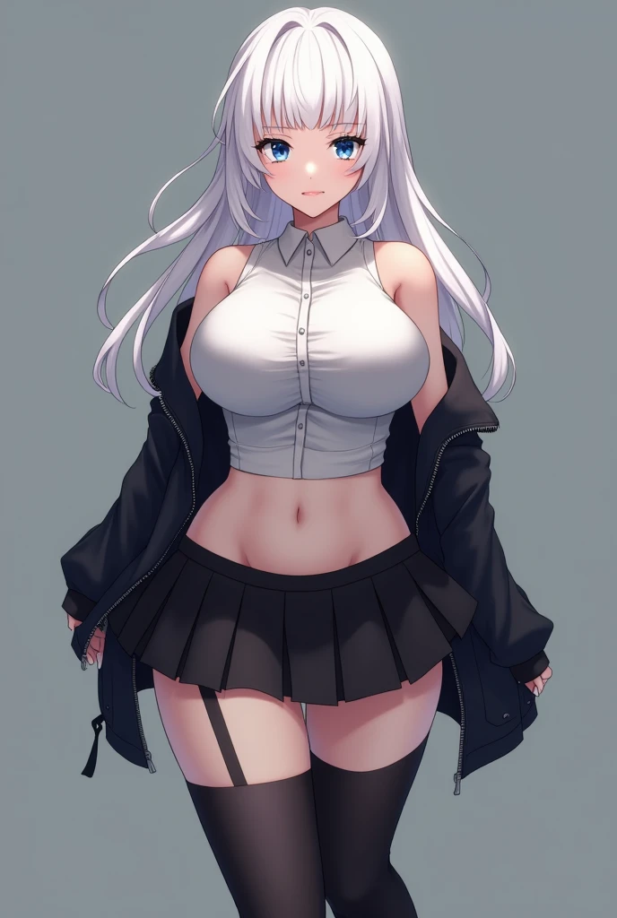 1girl, (hlfcol haired girl with black and white hair), long hair, round green eyes, freckles, smile, (happy, contented, cute), grey cardigan, black shirt (low-cut), dark-purple skirt (high-waisted, tight), holding iPhone, black thigh-highs, big breasts, cleavage, thin waist, wide hips, thick thighs, slim, fit, attractive, best quality, masterpiece, ultra-detailed, illustration, absurd res, anime, perfect, 4k, 8k, highres
