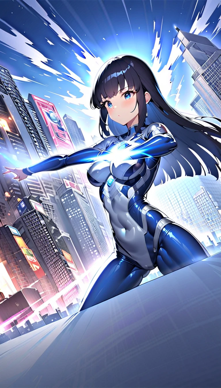 girl masterpiece, best quality, high resolution, best detailed, ultra girl, giantess, black hair, straight hair, shiny hair, bodysuit, blue and silver bodysuit, blue gem on chest, full body, fighting stance, breezing white breath, detailed background, cityscape, buildings, shooting beam effect,