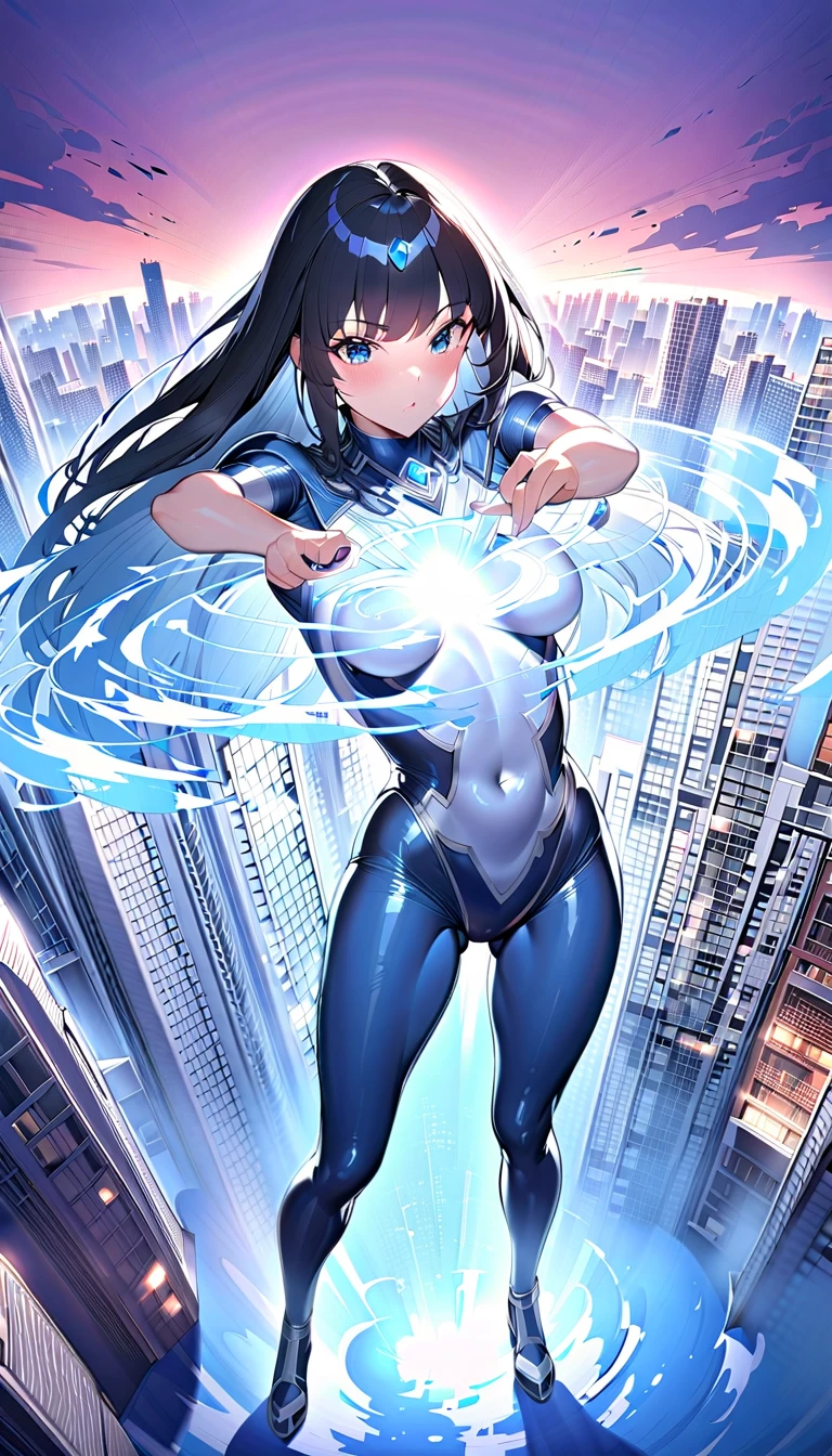 girl masterpiece, best quality, high resolution, best detailed, ultra girl, giantess, black hair, straight hair, shiny hair, bodysuit, blue and silver bodysuit, blue gem on chest, full body, fighting stance, breezing white breath, detailed background, cityscape, buildings, shooting beam effect,