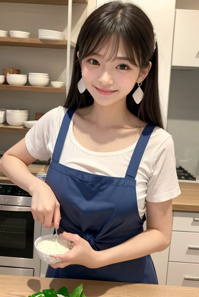 Woman who cooks、(kitchin_aprons:1.Wear 3)、nice hand、4K、A high resolution、tmasterpiece、top-quality、wear cap:1.3、((hasselblad photograph))、Fine skin、foco nítido、(lighting like a movie)、Soft lighting、dynamic ungle、[:(详细的脸:1.2):0.2]、Medium chest、sweat pouring down the skin:1.2、(((In the kitchen))) Cute smile　Viewer's perspective　Colossal tits　tying  hair　Sleeveless　cleanness　big kitchen　Beautiful kitchen　Wine glasses　posterior view　Behind　backs　Lift and tie up your hair