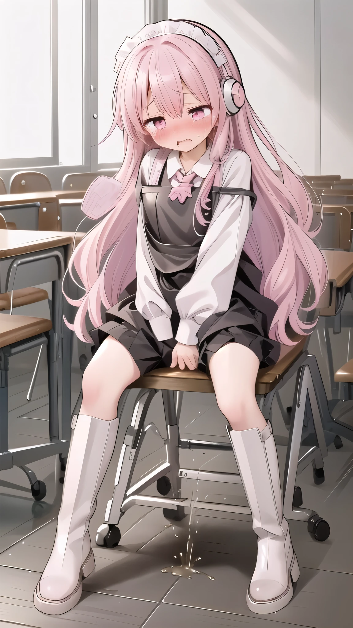  long pink hair，Maid costume， Pink Eyes ， black headphones ，White boots， blush shy，classroom scene， Embarrassment comes from ,  blush), ,, Look away, sit, Awkward,  blush, Mouth slightly open, classroom， white over-the-knee socks，classroom scene，eternal, cry, ,  tears are flowing from her eyes, Embarrassment comes from ,  blush), ( Girl is peeing : 1.2),, Look away, sit, Awkward,  blush, Mouth slightly open, classroom (Girl is leaking urine ): 1.5) ， blush, (table humping:1.5), (Crotch rubbing:1.5),(Panting:1.2), ( blushing:1.3), (moan:1.5), (ejaculation:1.5), (table:1.5), promote, (woman_ejaculation:1.5), cat, (table sex:1.6)