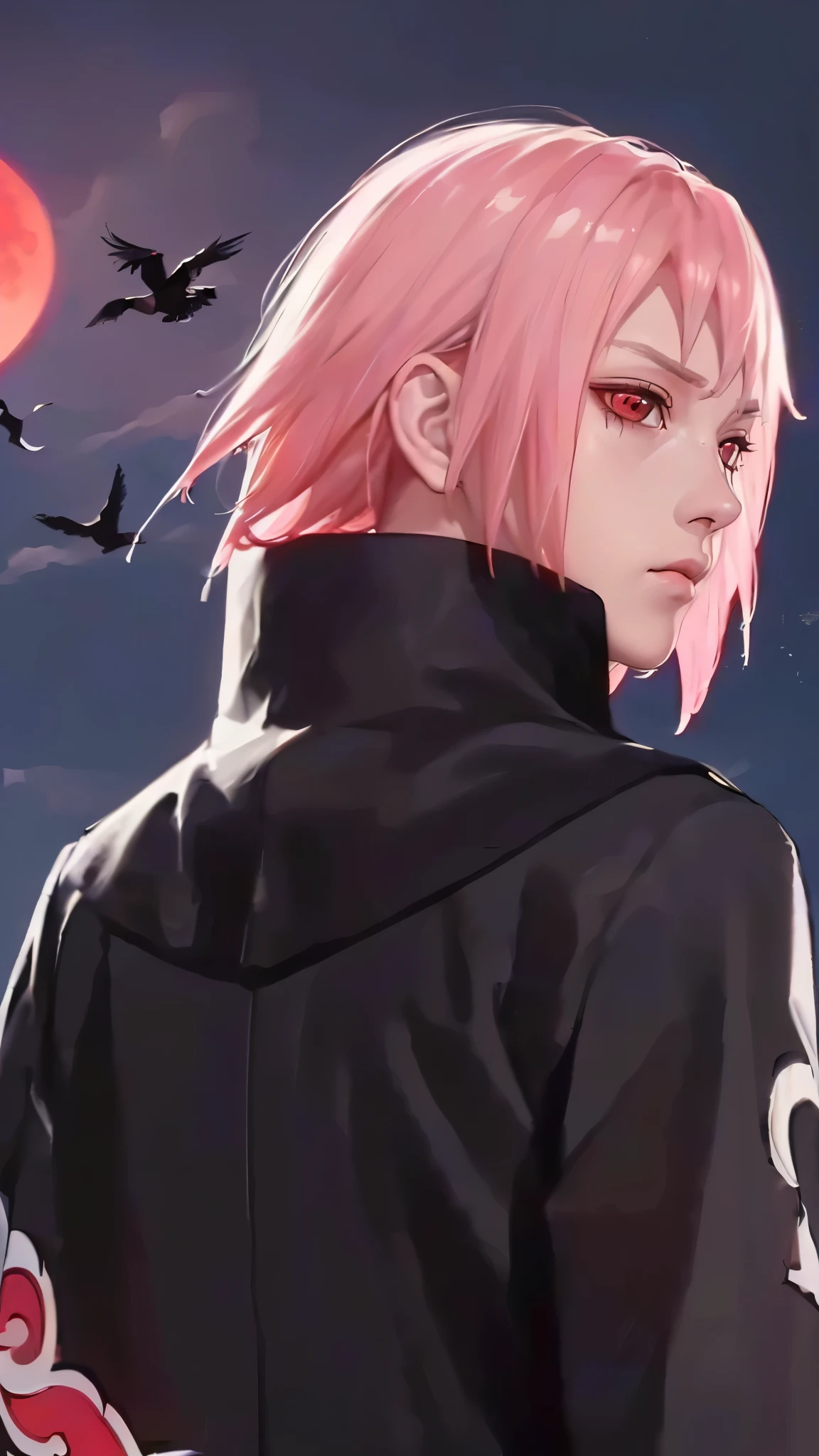 (（（figure，御姐figure,White and tender skin,（（（akatsuki outfit，coat, cloak, black coat, black cloak, ( Xiao uniform :1.5) ）））,(（（Sasuke Boruto，sakura warshippuden, red eyes， bangs,Pink short hair））),，((masterpiece)), highres icon,((Best quality at best)),masterpiece,quality,Best quality,(（（  to the audience,Light in the eyes，serious， expressionless face ）））， huge ,Backlight，The light is very dim，crow，Red Moon，The background of depression and horror，From below，From the back）））