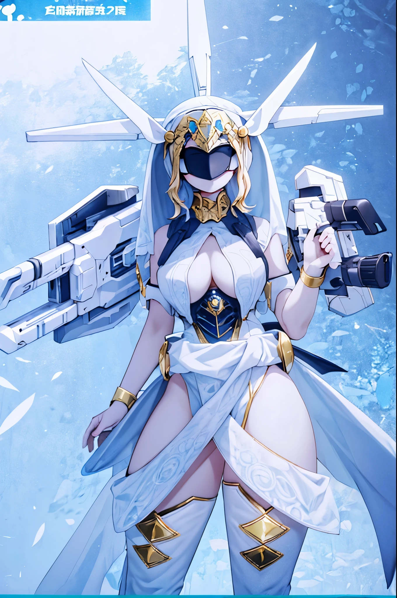 Mecha Girl，Mechanical Girl，Eye mask，Mask，Eye mask，Eye mask， Eye Covering Armor，白色nun服，白色nun头巾，Floating gun，双肩Floating gun，两侧Floating gun，白色Over the knee socks，Over the knee socks，thigh，肉感thigh，粗thigh，Floating gun，机械Floating gun，nun，nun，nun头巾，nun袍，white & gold， white clothes，White clothing，white & gold，Gold Decorated Clothes ，White tint，White gold tones