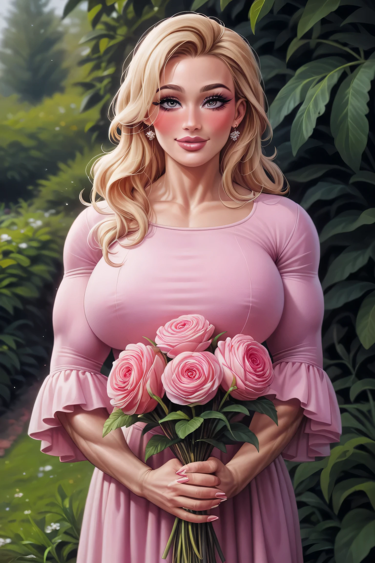 pink floral tight dress with sleeves full big fat lips_pinklipstick,  ((roundbigbiceps_huge_pumped_muscles_vascular_throbbing__widehips_thinwaist)), big breasts, big lips hyperrealism dark light photoshoot, Extremely high-resolution details, photographic, realism pushed to extreme, fine texture, pink fingernails, hyperrealistic art cinematic film still lower angle photography in the style of detailed, elegant graceful blonde woman, holding boquet, looking up blushing smile, head down, happy bashful smile, Large breasts, muscular body, very long eyelashes, perfect makeup black, full big fat lips, natural clear eyeshadow