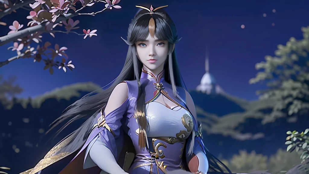 Masterpiece , best quality, 1 Xiao Wu , Face Color Looks Cool , Strong, Golden Left Eye , Red Right Eye , Long hair, Black hair, Firm Eyes , foxy eyes , Front Photo , simple background, purple Background , Anime, illustration, Full body , sit on garden , full detail , sword,