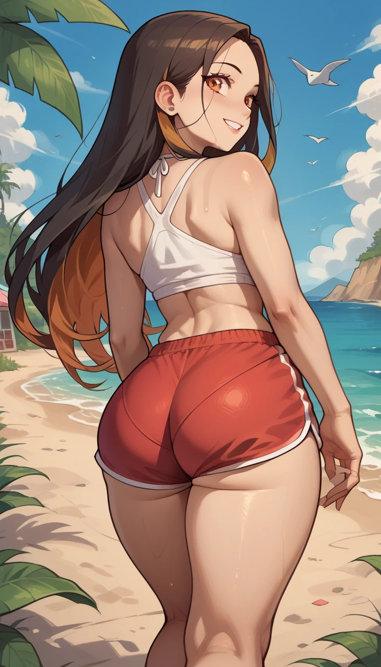 masterpiece,    best quality   ,    Back View,  Nezuko Kamado , long hair ( She wears tiny blue dolphin shorts, Butt pulp appears )bare shoulders,,   thick thighs   ,strength,   walking on the beach ,smile,Sunglasses with green lenses ,   look back,   big ass,perfect anatomy,colorful,cena sensual, film ,