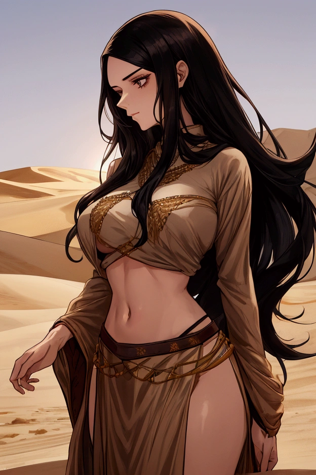 1 femme aux longs cheveux noirs, yeux bleus, walking in a desert, with Floating Magic Water. Elle a l’air épuisée, visage rougi. Golden bracelet, Cape de magicien noir, chaleur, better lighting, Chef-dœudansre, detailed, Cadre fantastique,