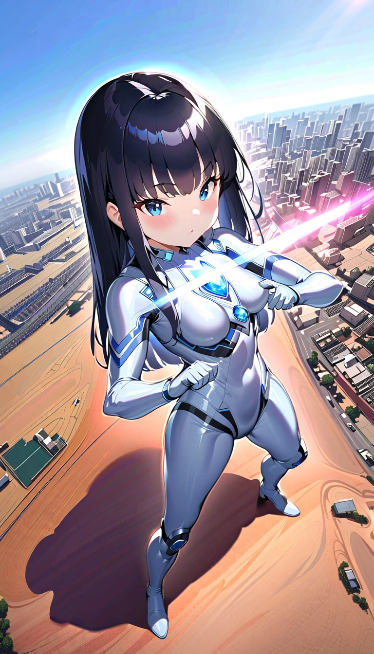 girl masterpiece, best quality, high resolution, best detailed, ultra girl, giantess, black hair, straight hair, shiny hair, bodysuit, blue and silver bodysuit, blue gem on chest, full body, fighting stance, shooting beam effect,