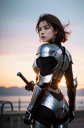 masterpiece、 best quality、 photorealistic、 high definition 、Metal Armor,sword,Alone, blond hair, gauntlet , shorthair ,male focus,One person,Beauty,Blur,Blur background,Planted Sword, standing ,Look here,Realistic,極端な Details,Realistic,Vivid,Accurate,  Details,  metallic   sheen,  metallic  , fusion of organic and mechanical elements,Futuristic, Cybernetic,  Details,Complex,35mm Photography,membrane,Bokeh,Professional,4K,highly   Details、戦場のセクシーBeauty
