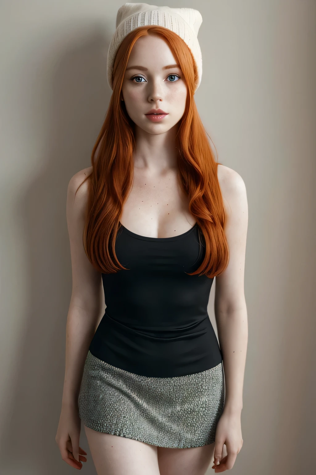 1girl in, age21, Madelaine Petsch, photo of perfect woman, 5'3", Solo, Aesthetic artwork, (irish  redhead, wavy ginger hair, shoulder length ginger hair:1.25), (some small freckles, pale skin, small breasts, B-cup, runners body, very thin waist, skinny, petite, detailed skin texture), (blank background, plain background, blank wall, (wearing an drop waist dress, black top and with a pink skirt, dark pink scarf, black knee-high socks, White toque, Dawn from pokémon, Dawn cosplay), (extremely detailed 8k wallpaper), soft lighting, high quality, film grain, Fujifilm XT3 sharp focus, f 5.6, 50mm, High Detail, Sharp focus,(natural light), crazy details, complex details, hyper detailed