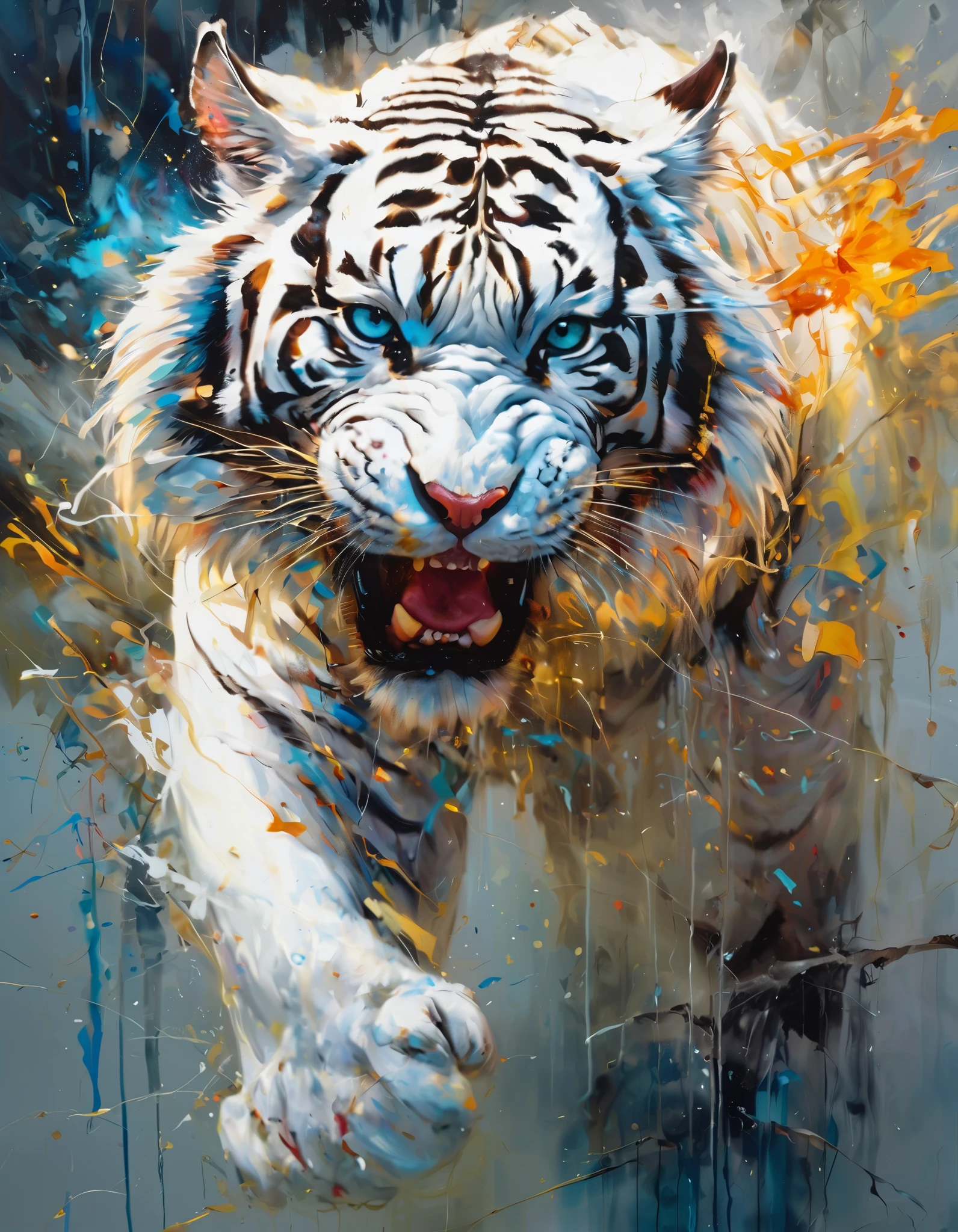 an abstract oil painting of a white tiger, look at a camera, walking, full body, threatening, aggressive expression, shrouded in shadows, white background, radiating electrical energy, hyperdetailed painting, luminism, art by Carne Griffiths and Wadim Kashin concept art, 8k resolution, fractal isometrics details , intricately detailed,