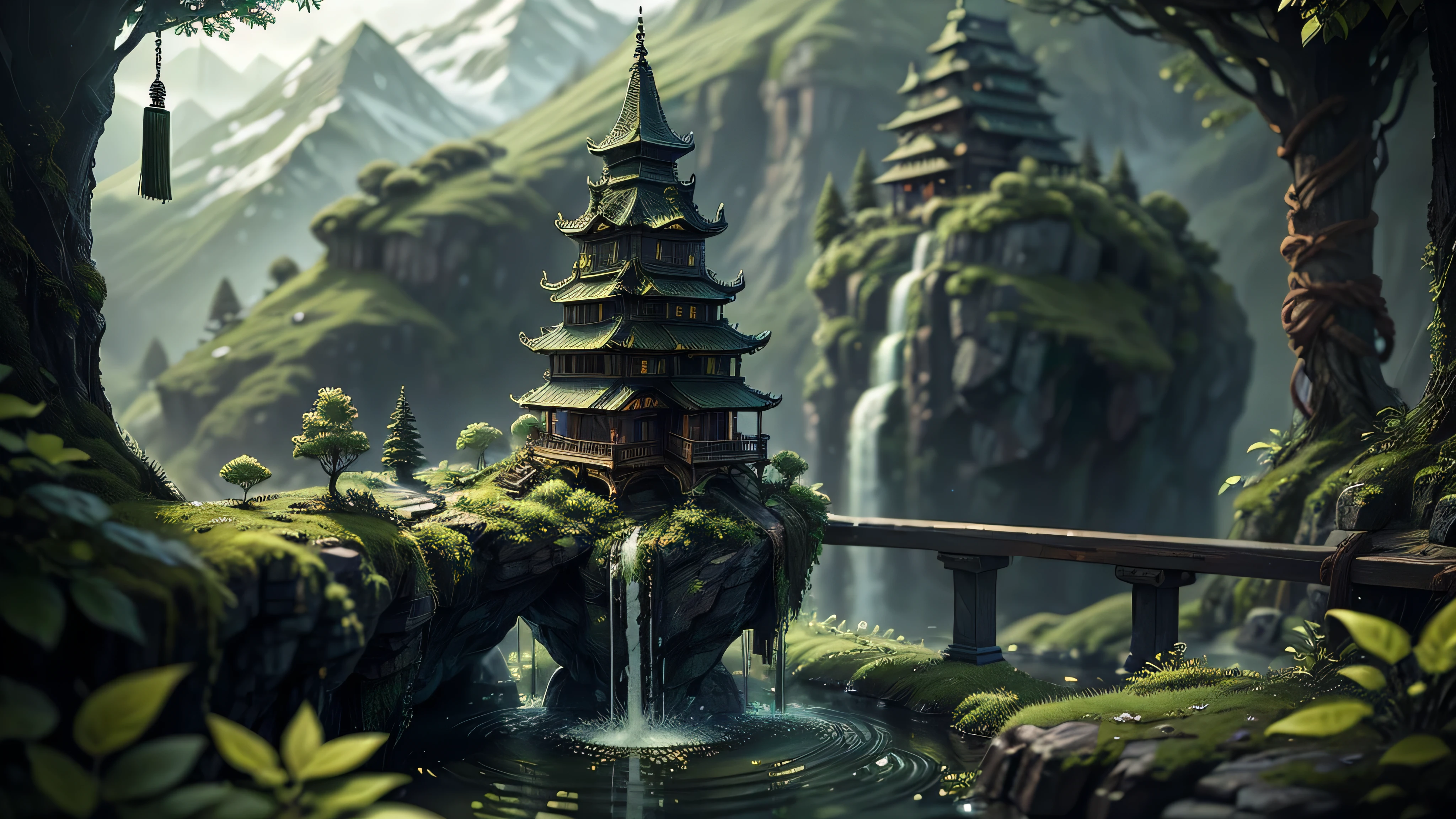 miniforest,blurry_foreground,outdoors,green theme,(mountain),lake,tree,(path:1.15),rope_ladder,bridge.,chinese_building, Castle, clock town,