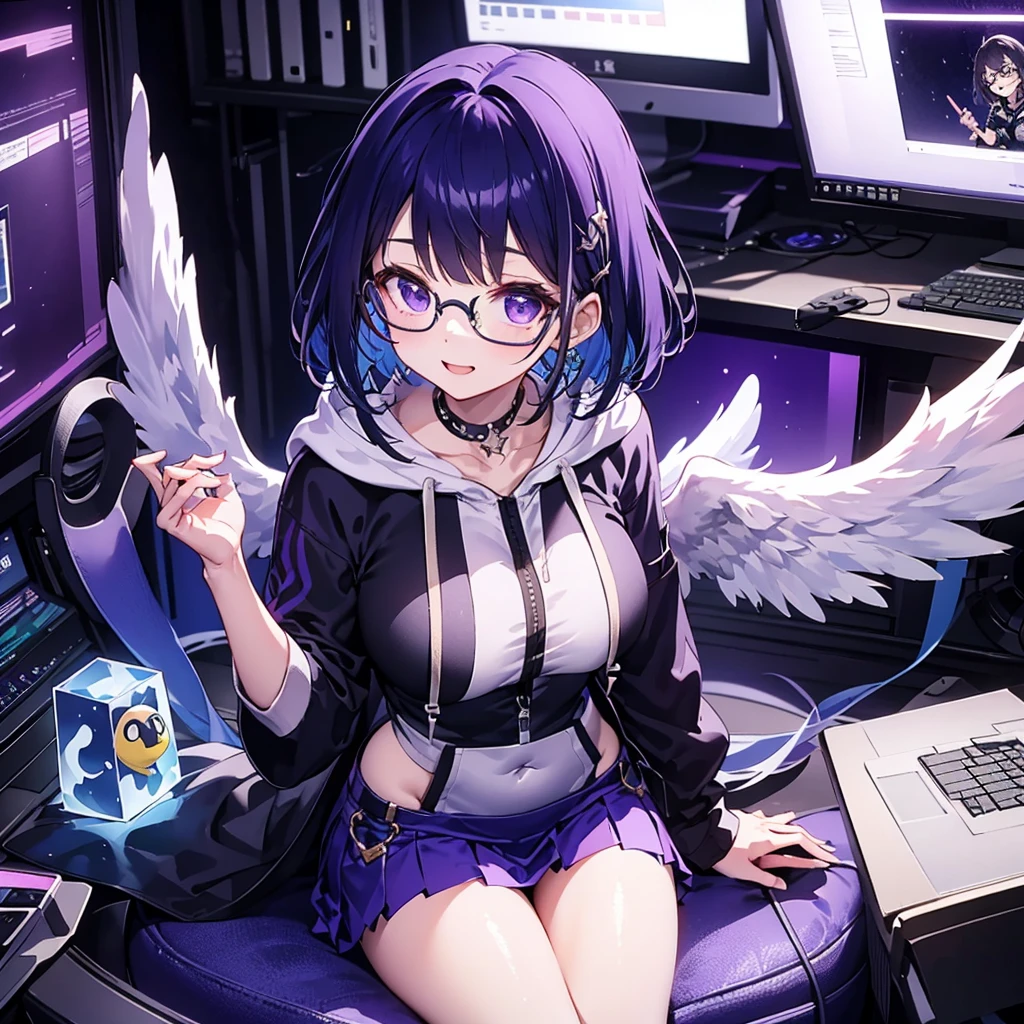 solo1.8、 High Quality、Bird's-eye view from above composition 1 .7、Seiko no Hand 1 .5、A purplish black bob cut 、 sitting on the purple cube in front of the monitor 、black simple hoodie and purple mini skirt 1.6、 with a silver light cube floating in the right hand 1.7、voluptuous0.6、Angel Girl Sandalphone 1 .8、Confident smile without opening her mouth1 .1、black rimmed glasses 1.4、dark room 1 .8