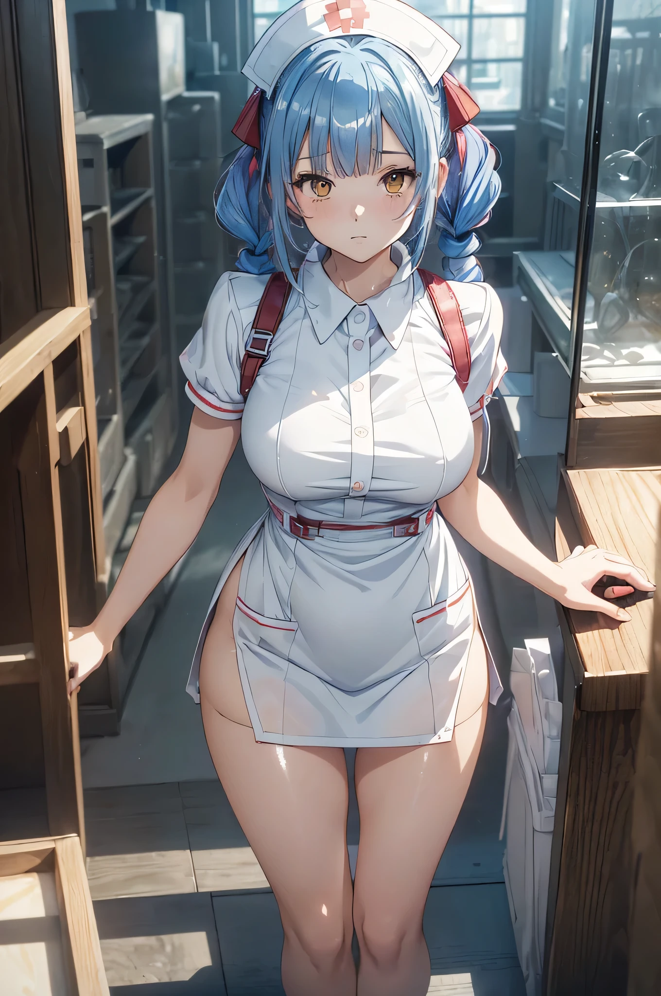 ((masterpiece)), ((Best Quality)), (Ultra-detailed), ((kawaii)), Cute, (lovely), ((Sexy)), (Ero), ((Extremely detailed)), 4K, (8K), Best Quality, (Beautiful), Illustration, Anime style, Painting, Dynamic Angle, cowboy shot, (from below looking up), (Sit on a working desk), Open your legs, Gradation, (full body focus), darkened examination room, suspicious atmosphere, girl, 1girl, Solo, nurse costumes, nurse cap, Randomly selected hair color, Randomly selected beautiful colored eyes, ((Beautiful eyes)), White-skinned, Random hairstyle, Buttocks, Big breasts that are about to burst, Sadistic expression, Smirk, grin, (blush), sparkling effect, Lens Flare, shiny-glistening, gleaming, naked, nude, no panties, no bra