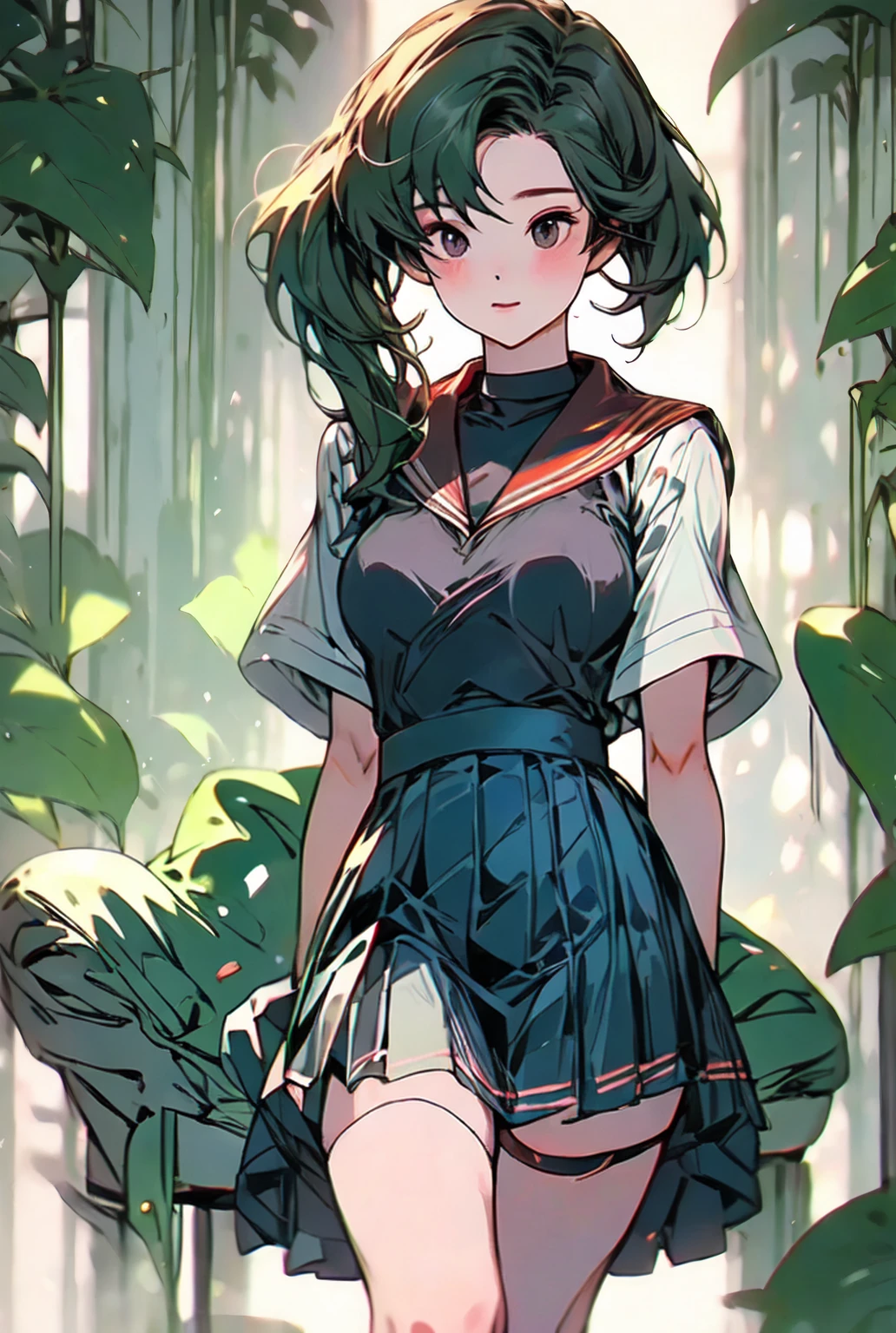 Hair is green、 sailor suit、White summer clothes、The collar is black 、 white three lines 、 the red scarf is short、 Pleated Skirts、 the pleats are narrow 、 length short skirt 、 miniskirt that snaps around the knee、Beautiful breasts、Big Breasts、Busty、超Big Breasts、Small waist、 long foot、