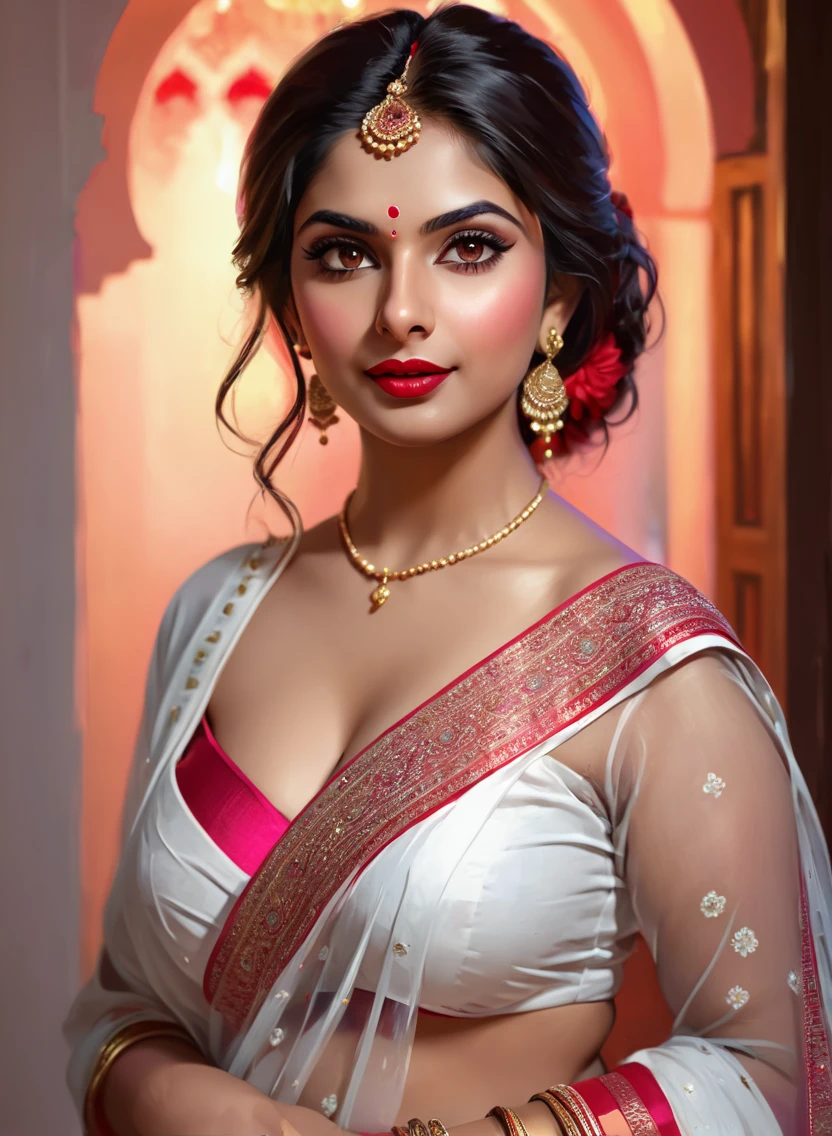 perfect pink eyes, fantastic face, Indian, beautiful look, ((red lips, bright eyes, curve heir 1.5)), ((beautiful details very big )), (Straight round and ultra huge clevage, not sagging ), A glorious gorgeous, glorious gorgeous face, pretty face, bright eyes, white saree, updo elegant hair, blurred gray tones background, ultra focus, face ilumined, face detailed, 8k resolution, painted, dry brush, brush strokes, razumov style and garmash style, by Tokaito, ((Full Open )), full body, open thin belly, night ambience standing