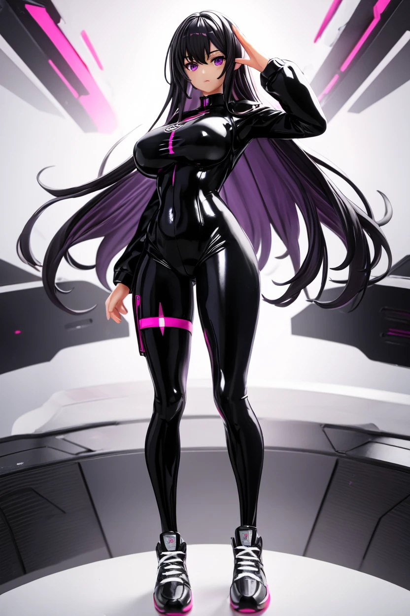 masterpiece:1.2, best quality,  Belladonna, cat ears, long hair, purple body suit, black gloves, high heels medium breasts, black hair, yellow eyes,, full body, up close, standing, cyberpunk background, blur, neon lights, upper body, front view, up close, looking at viewer,