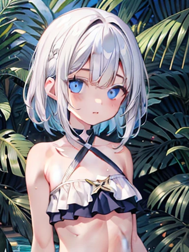 (best quality, masterpiece:1.2), ultra detailed, extremely detailed eyes and face, natural skin texture, detailed skin, natural lighting,
chibi, 1 girl, 12-years-old, (cute),
silver hair, middle hair, straight hair, shiny hair,
blue eyes,
flat chest,
nude,
upper body,