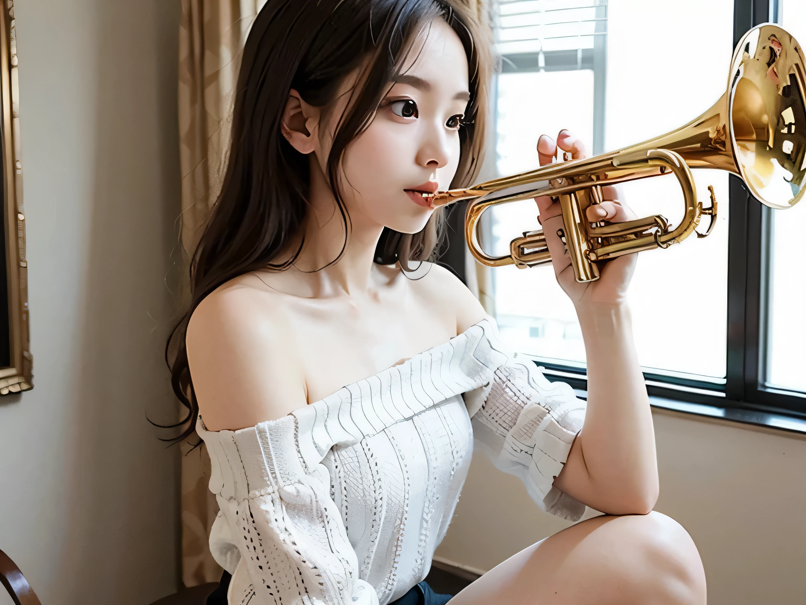  1 girl, playing trumpet, trumpet, masterpiece,  best quality, 8k,   white off-shoulder top,  sitting,  