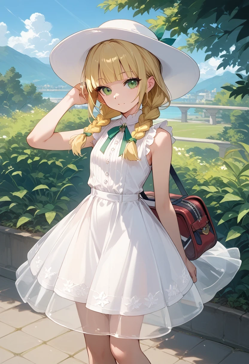 score_9, score_8_up, score_7_up, source_anime,long hair/ponytail, blonde hair, green eyes, braid,twin braids, blunt bangs, hat, white headwear,dress, white dress, sleeveless, sleeveless dress, bag, see-through