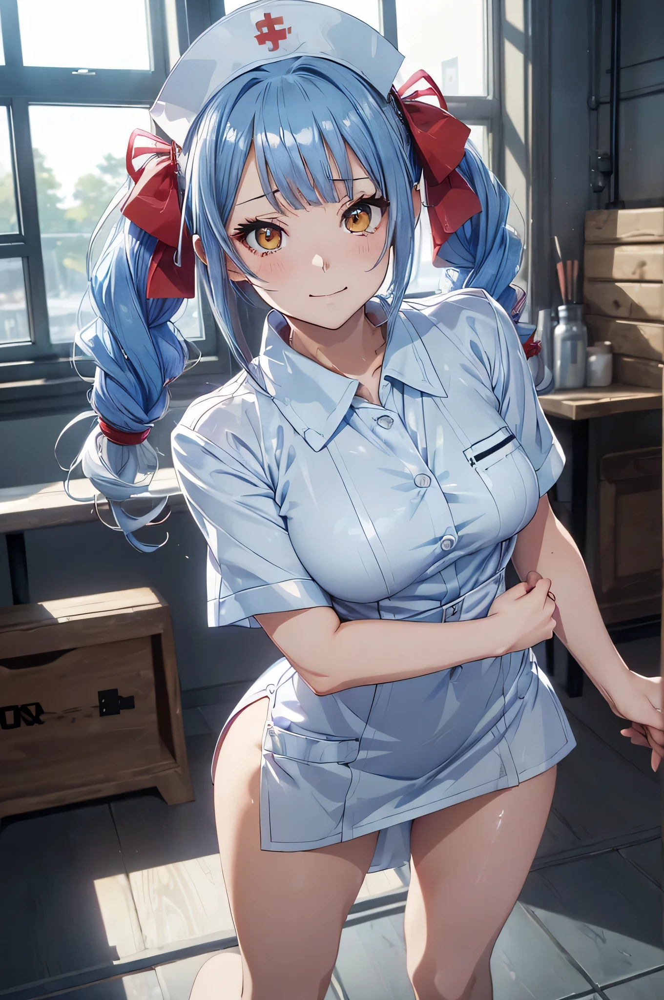 mastute piece,Best Quality,insanely detailed,8k cg,nsfw,
shoot upper body,(body in front:1.1),
1girl,standing,looking at viewer,Proudly、(upright:1.3),(nurse costume,miniskirt,nurse cap),
break,blush,shy,(trembling:1.2),break,(blue hair:1.4),(large breasts),(open mouth:0.9),(Hospital room),