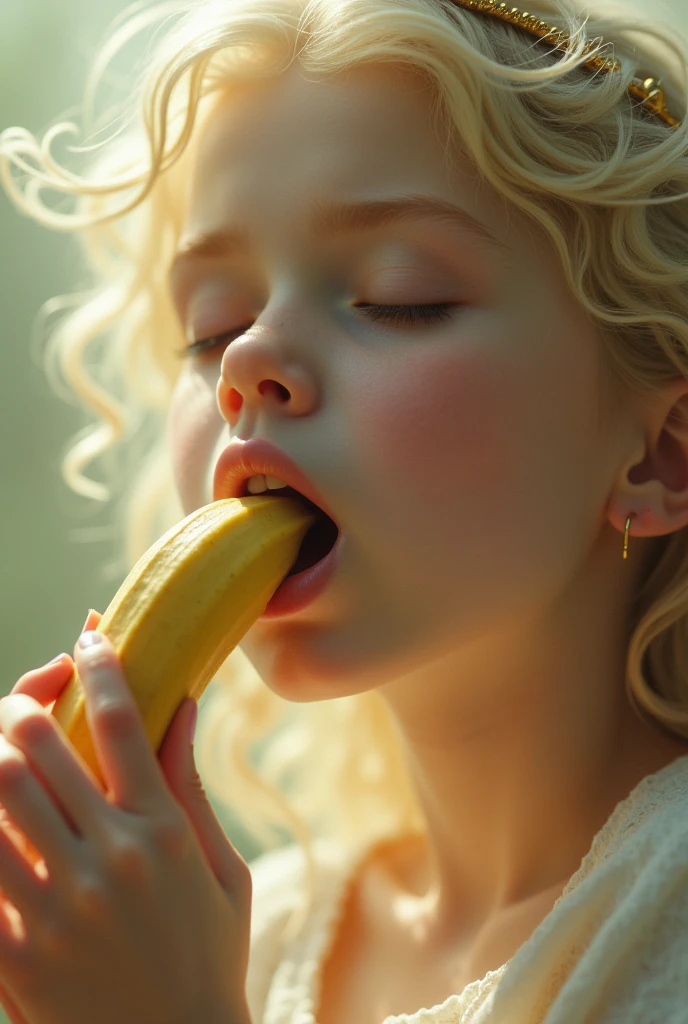 A tall 18-year-old girl, big chest, beautiful beauty, beautiful, cute, affectionate, long blond and curly hair, natural blue eyes, nude Sucking a banana in de beache