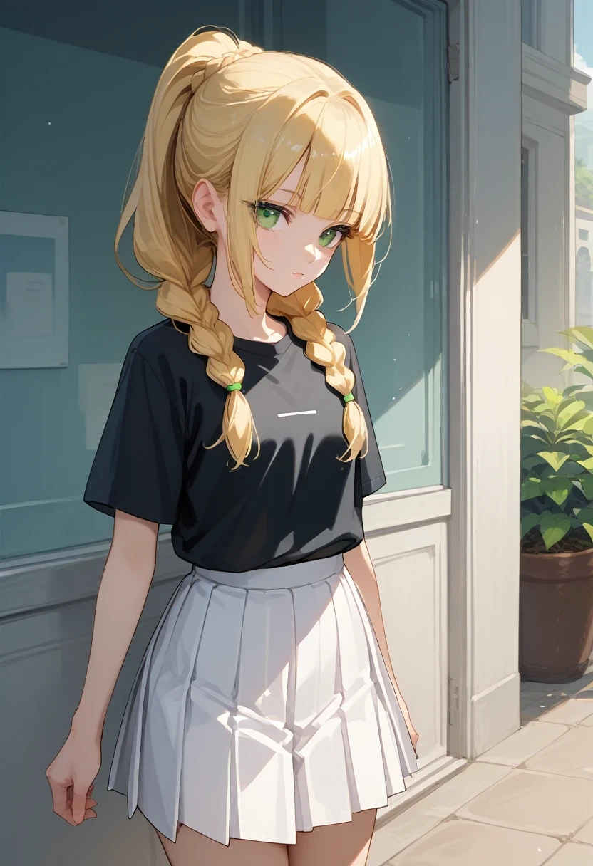 score_9, score_8_up, score_7_up, source_anime,long hair/ponytail, blonde hair, green eyes, braid,twin braids, blunt bangs,shirt, skirt, white skirt, short sleeves, black shirt, pleated skirt, t-shirt

