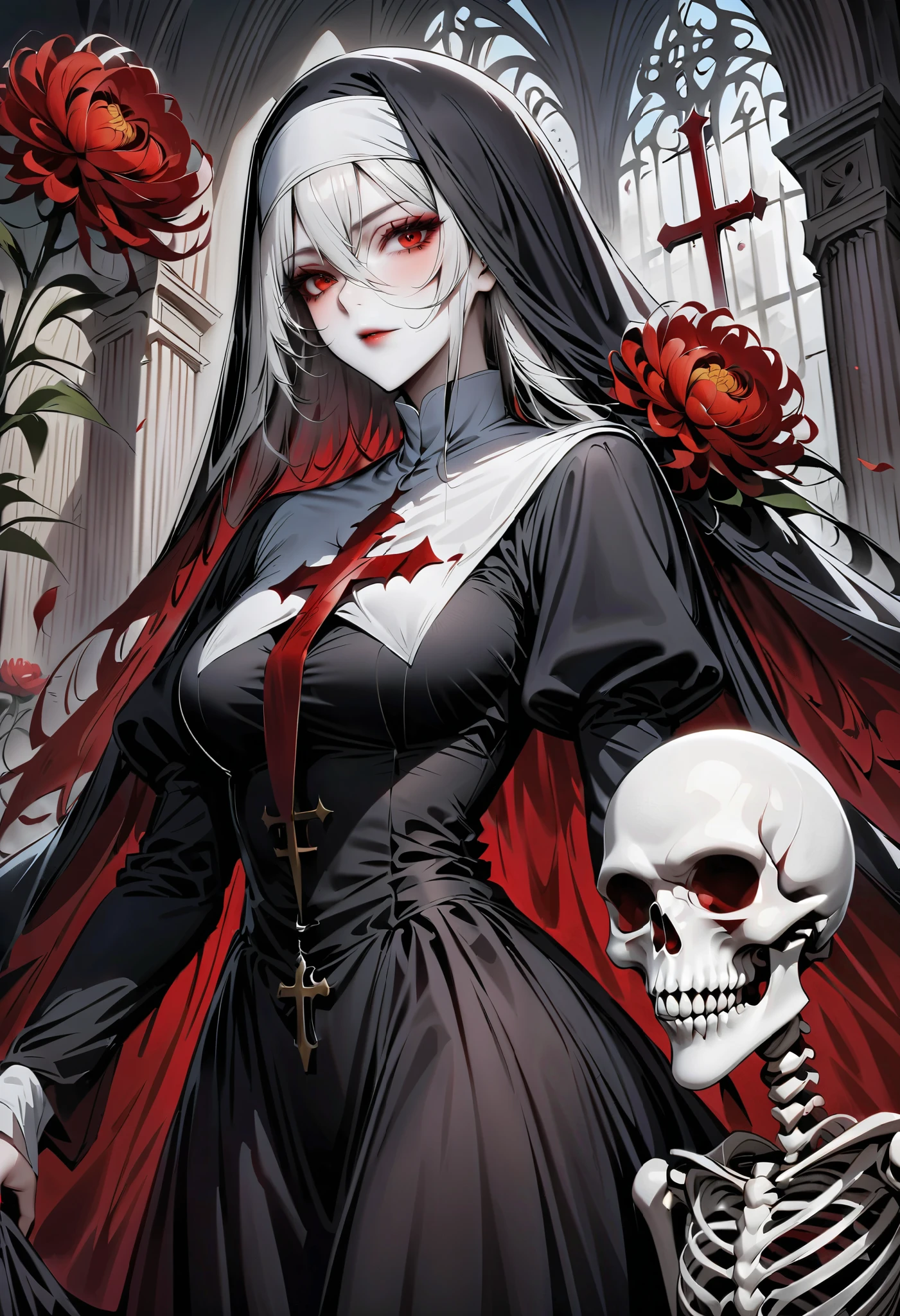 ( better quality,4K,8 k, High resolution,masterpiece:1.2),((( Giant cross :1.37))), A nun and a skeleton godfather in a church, Nun costumes , Characteristics of a nun ,bloody,red lily , red chrysanthemum ,flame,world.