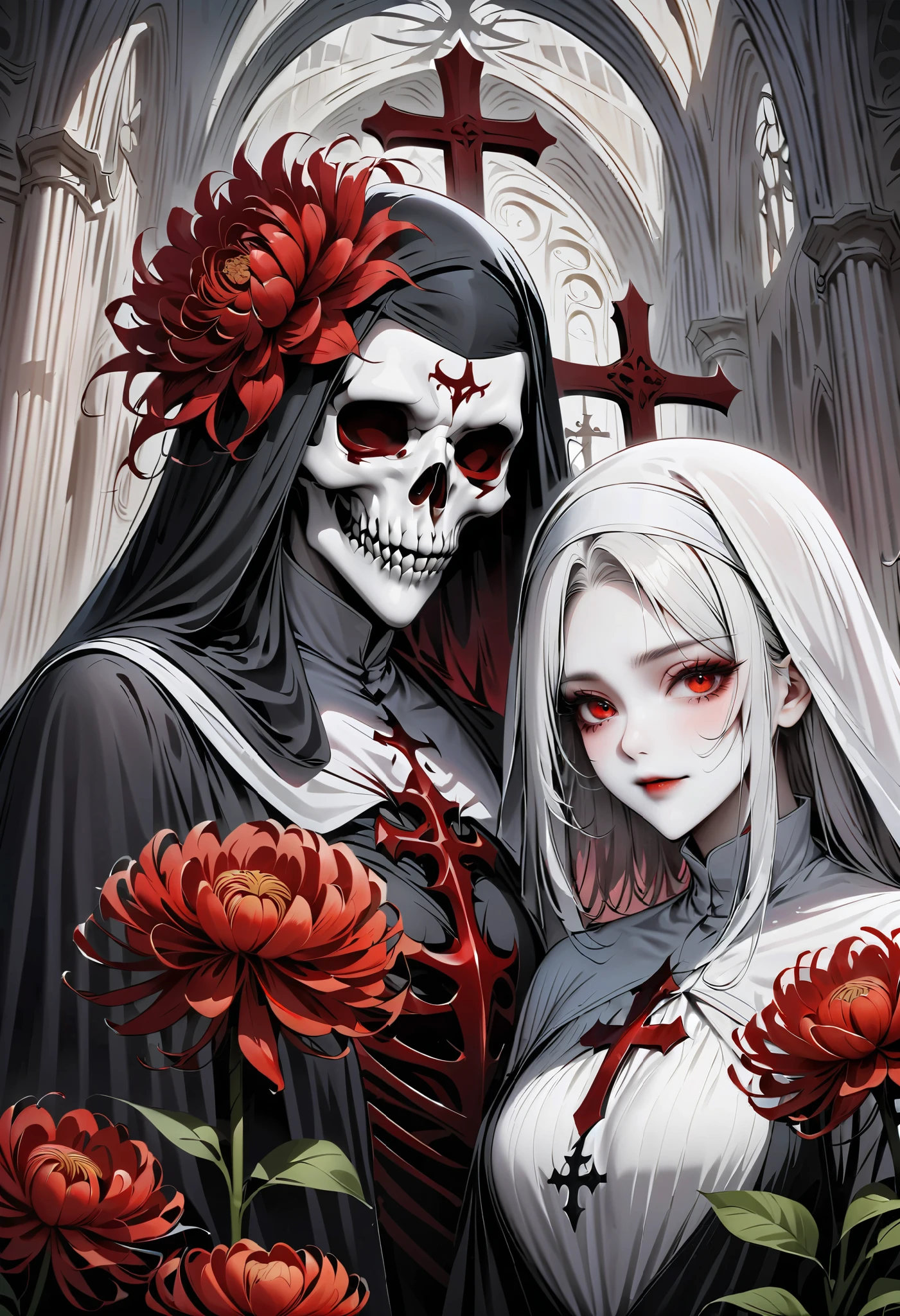 ( better quality,4K,8 k, High resolution,masterpiece:1.2),((( Giant cross :1.37))), A nun and a skeleton godfather in a church, Nun costumes , Characteristics of a nun ,bloody,red lily , red chrysanthemum ,flame,world.