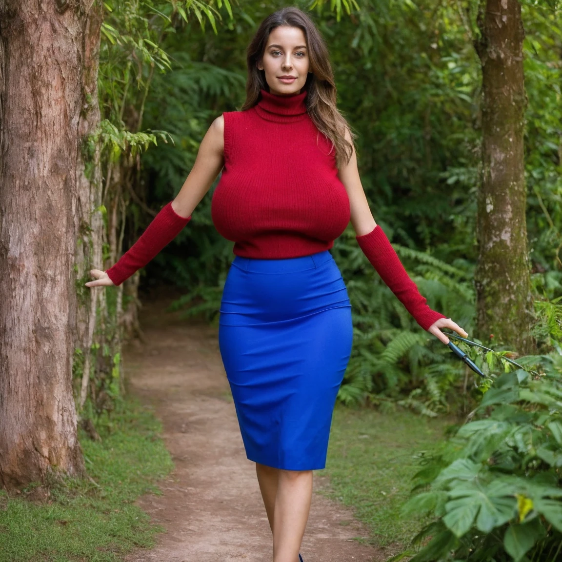 Attractive slim teacher,  elegant walk in sunny jungle, warm sunlight on her body, Eleonora Pavinat, wearing a red knitted sleeveless turtleneck sweater and very long dark blue pencil skirt, high heels, slim waist, slim legs, huge saggy breasts, very long wavy hair (full person view, from head to toe).