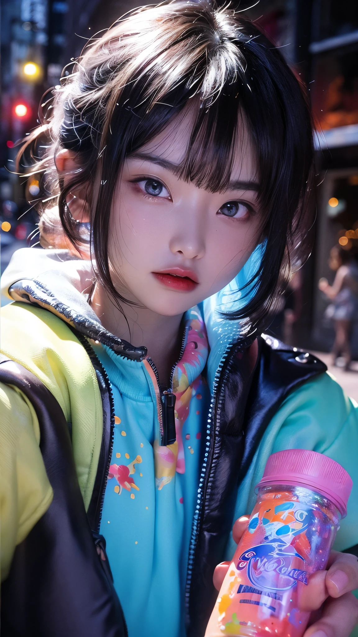 Araffe girl with a colorful jacket and a pink cup - SeaArt AI