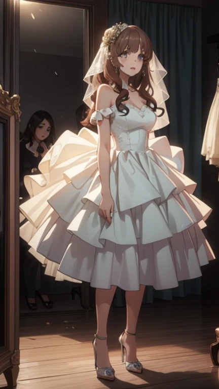  1 girl,  absurd, masterpiece,  several people having fun with each other while having very detailed ,  best quality, Illustration, Game CG,   solo focus , beautiful detailed eyes, light makeup,  glossy lips,  let go of her lips, ,  Wedding Dress ,  high heels,  standing ,Wet transparent clothes