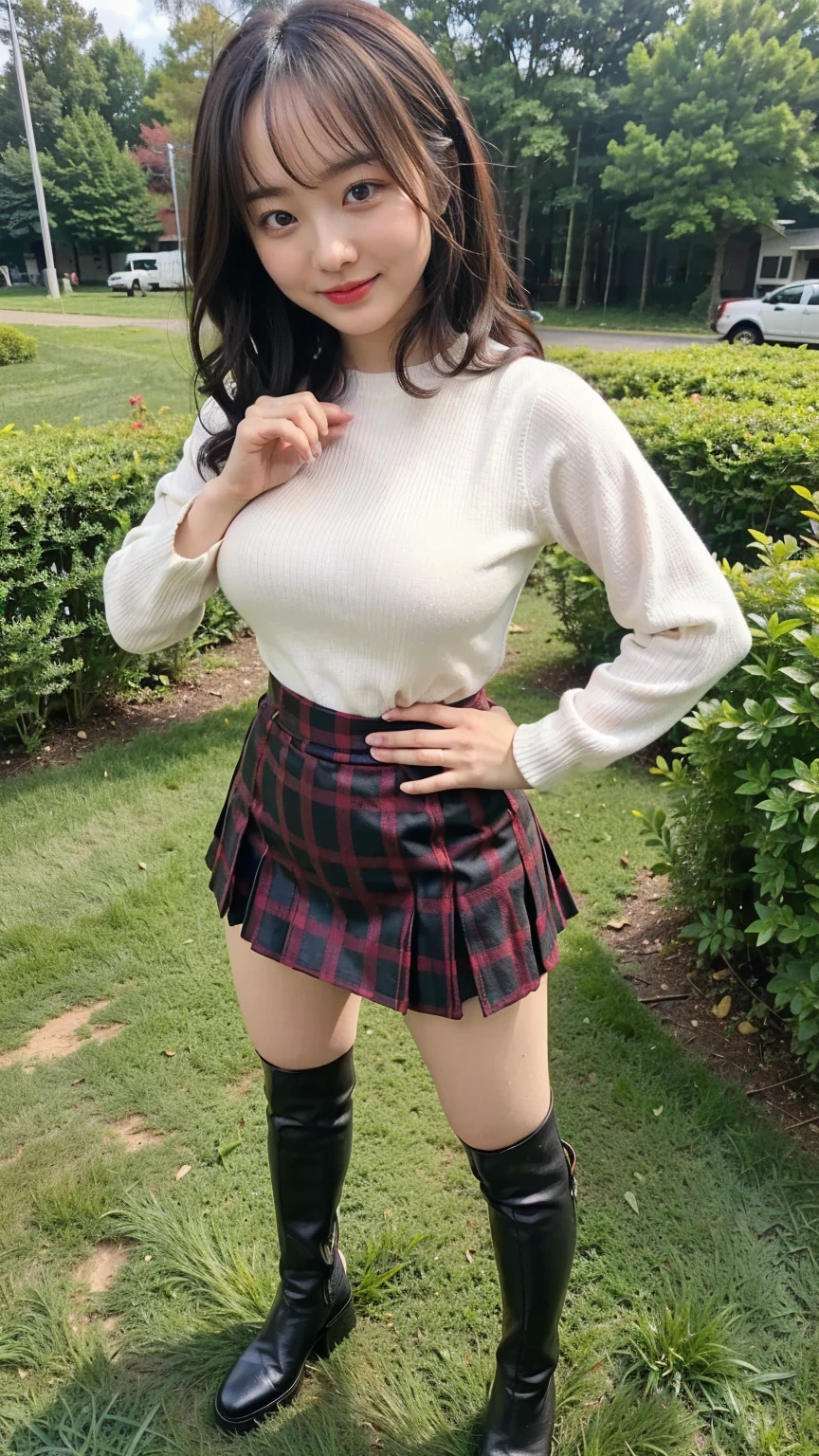 (8k、  RAW Photo from the Last Century 、 best quality、masterpiece:1.2)、(Realistic、Realistic)、1 person、((Black knit、 Plaid Mini Skirts、 Big Breasts 、 Thin legs、curly hair、smile、outside、 boots 、  camera 、I'm standing with my hands on my hips、whole body )、cute