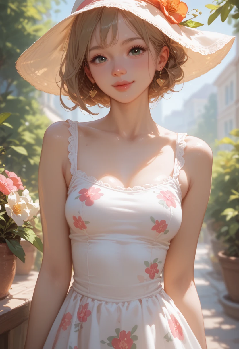 Adorably cute and lovely young lady wearing a tight short sundress with flower prints