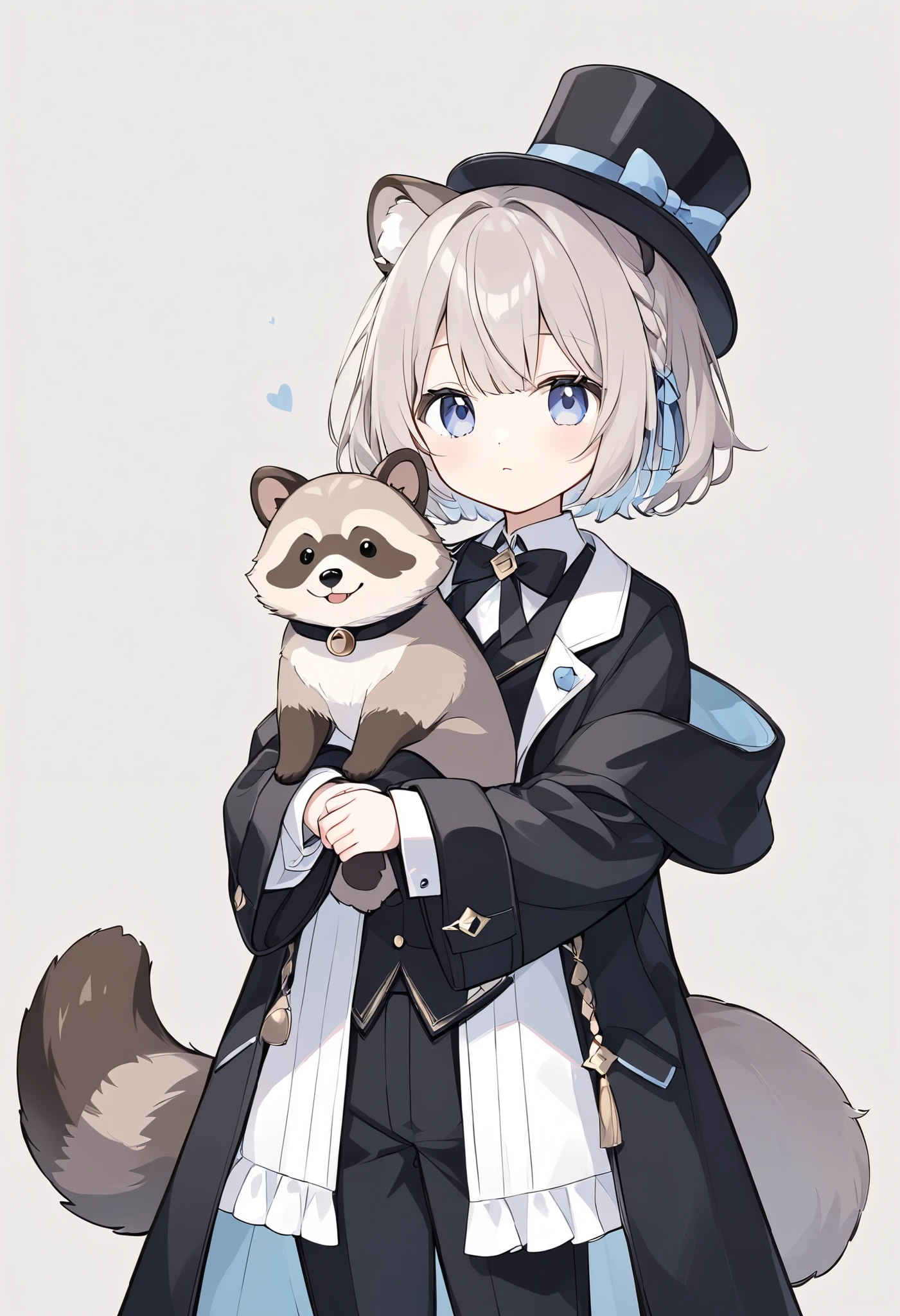  
 pale shade、Light line drawing、magician、手品をするraccoon dog、 wears a black tuxedo and hat、raccoon dog、 fluffy coat、cute