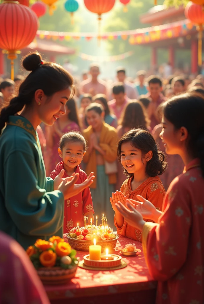 Mid-Autumn Festival, Auspicious clouds, Behind the huge moon, Warm colors, Full moon and stars in sky illustrationThe family sits together eating mooncakes, smile in face, Have in the living room、Bright house scene,extremely detailed face and skin,Heartwarming scene,perfect detail