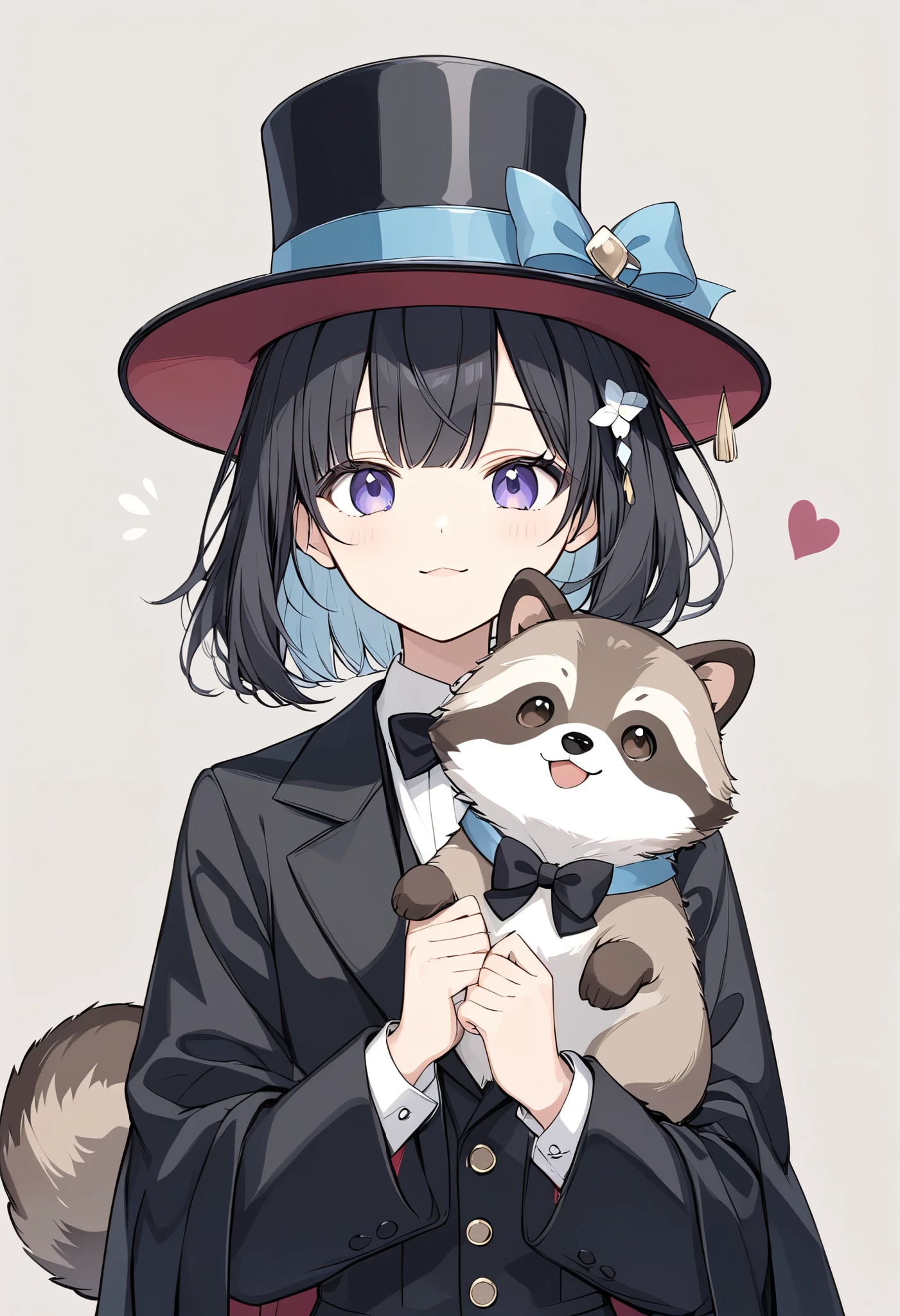  
 pale shade、Light line drawing、magician、手品をするraccoon dog、 wears a black tuxedo and hat、raccoon dog、 fluffy coat、cute