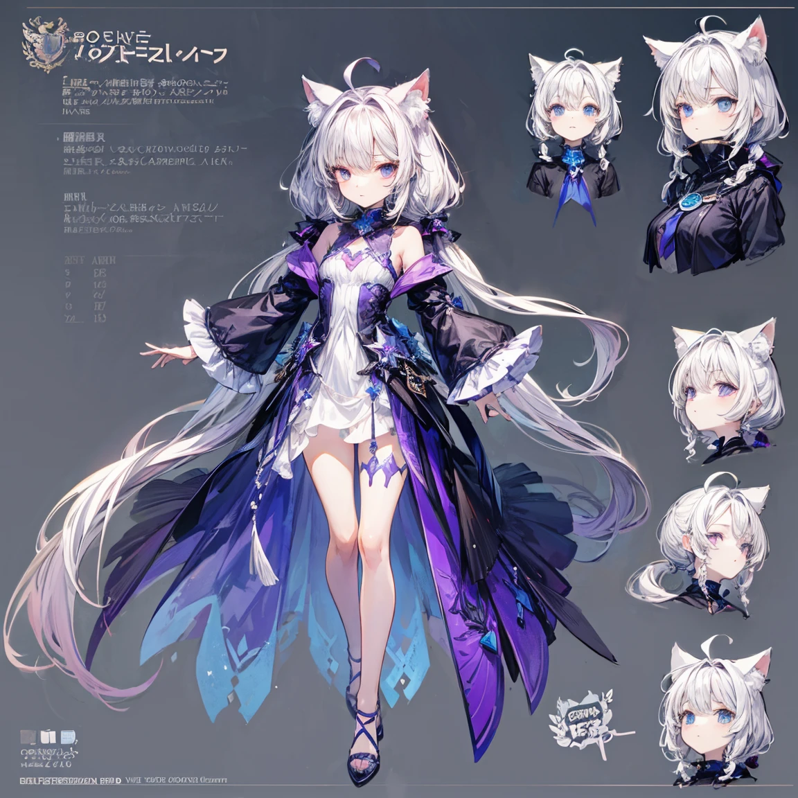 (((Masterpiece))),(((Best Quality))),((Character design sheet, Character design sheet, concept character sheet, Character design, Character concept, Character Reference Sheet, same character, same design, front, backboob, side, close up, full - body, Several expressions)), illustartion, 1 girl, owl kemonomimi, Owl girl, feather ears, Long hair, spiky long hair, One Fang, Oval eyes, long flowy sleeves, Dress, Sleeves down, white colored hair, Red highlights in hair, painted nails, decorations on the dress, earrings on feathered ears, chains on the dress, shackles on the wrist, anime girl, no normal ears, only feathered ears