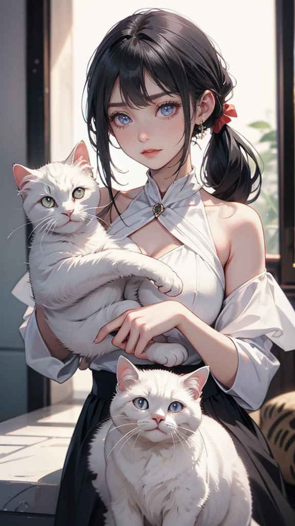Anime girl with blue eyes holding a white cat in her arms, beautiful Anime catgirl, Very beautiful and cute cat girl, Artgerm and Atey Ghailan, White cat girl, Artwork in the style of Guweiz, very beautiful Anime cat girl, Beautiful anime portrait, Anime cat, Beautiful young catwoman, Artem and Ilya Kuvshinov