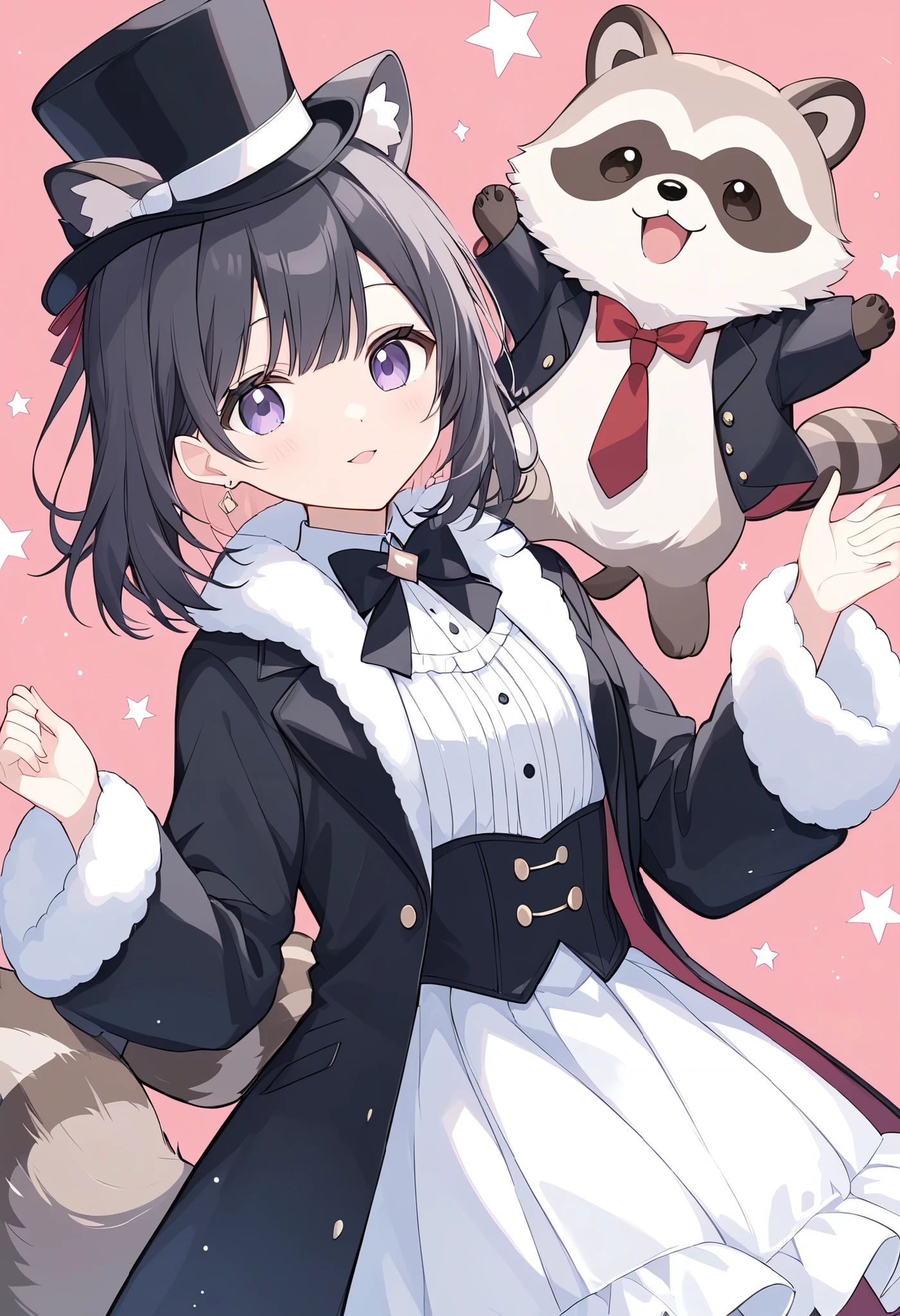  
 pale shade、Light line drawing、magician、手品をするraccoon dog、 wears a black tuxedo and hat、raccoon dog、 fluffy coat、cute,magic show background、dim