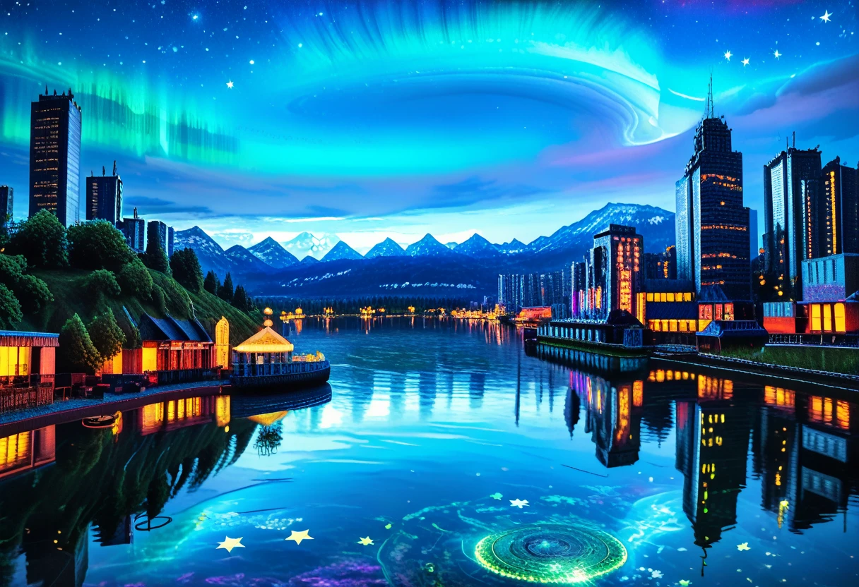 score_9, score_8_up, score_7_up, 3d, (Photo), (Scenic Background, View of Modern City surrounded by a lake, a large Modern Neon City at the center of the lake, with skyscrapers and tall buildings, aurora and stars fill the night sky: 1.3), extremely detailed, ray tracing, RTX, high saturation, high contrast, photon mapping, gloomy, (sharp image), (best quality), (detailed background), (intricate details), (lowkeylights_v2), (Dark), (Low-Key)
