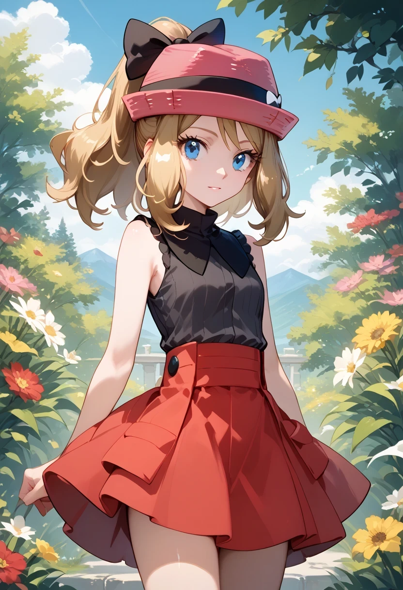 score_9, score_8_up, score_7_up, source_anime, serena, 1girl, solo, blue eyes, long hair/Short/ponytail hair, eyelashes, blonde hair, skirt, hat, pink headwear, sleeveless, shirt, sleeveless shirt, red skirt, hat bow, black shirt
