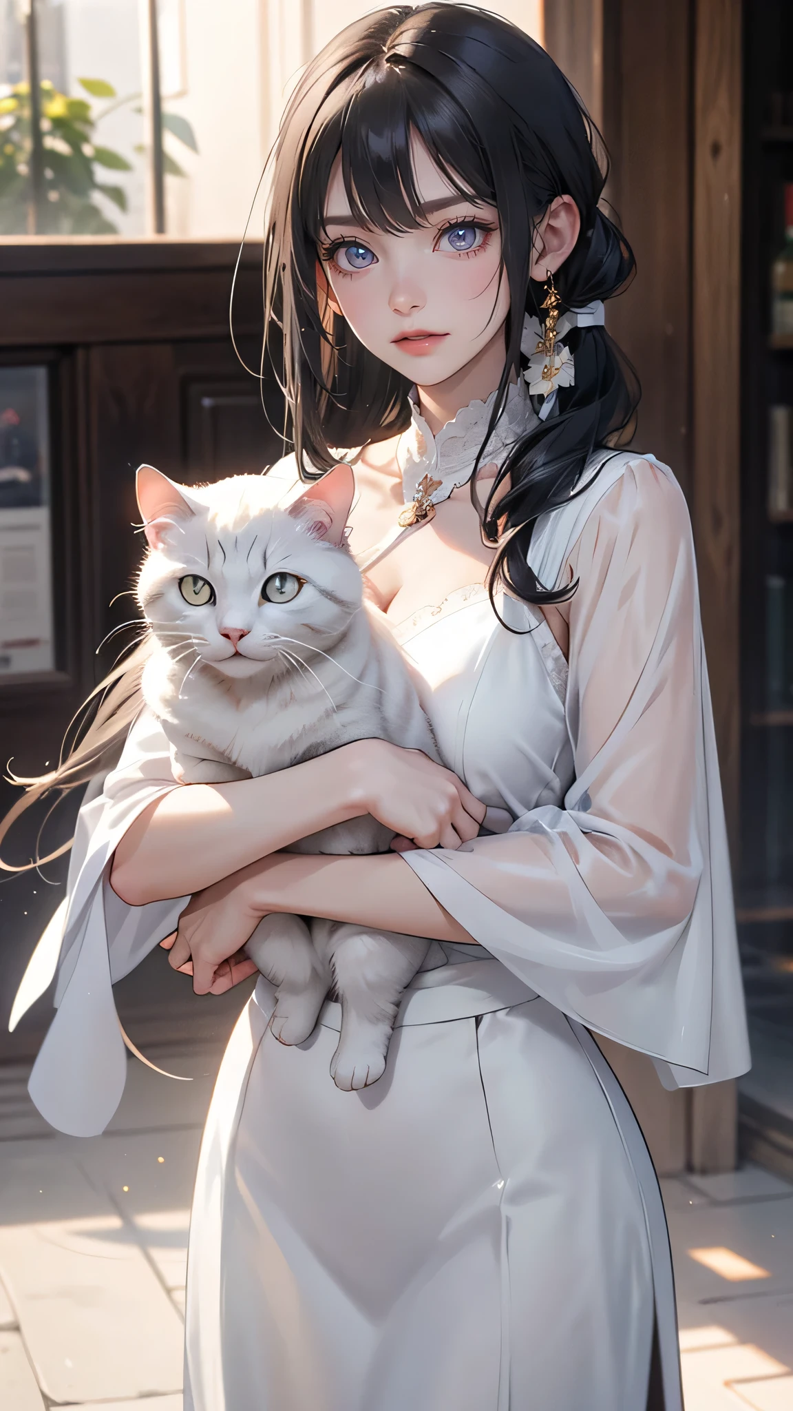black hair, elegant Himalayan White cat in her arms , Smile, looking at cat, grey eyes, Pony tail hair, black hair